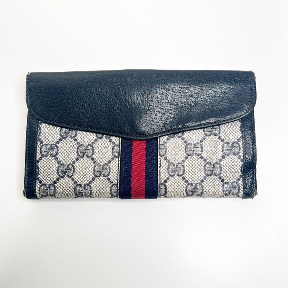 GUCCI Vintage Navy Supreme Web Ophidia Trifold Long Wallet Monogram FLAW 4 x 7.5 - Picture 2 of 12